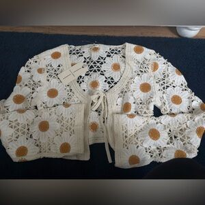 Cream Crochet Daisy Knit Top with Mustard Centers